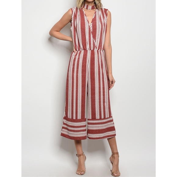 golden threads Dresses & Skirts - LAST ONE!! Burgundy Ivory Stripe Wide Leg Jumpsuit